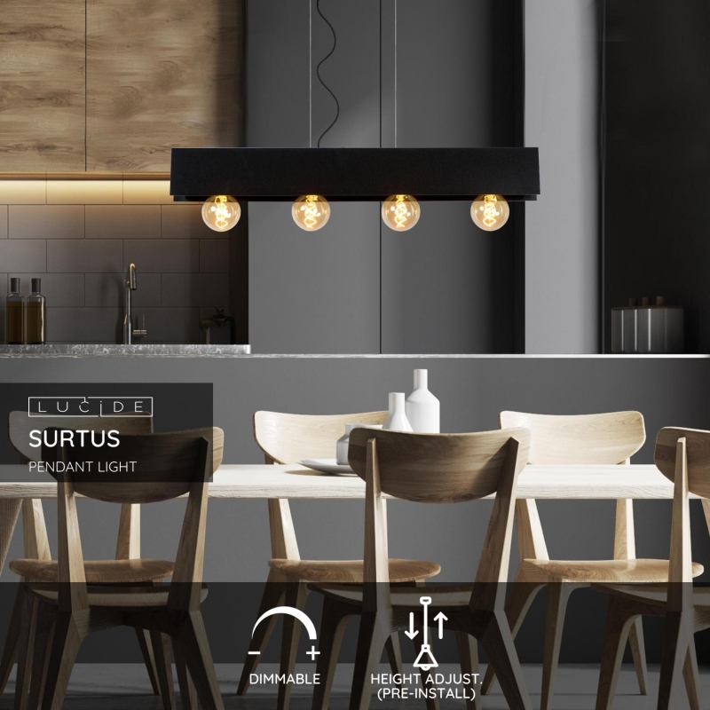 Lucide SURTUS - Závesné svietidlo - 4xE27 - Čierne